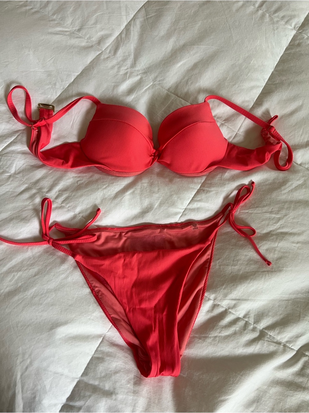 Victoria's Secret Push-up Coral Pink Ribbed Tie-Side Bikini Set